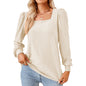 Autumn Winter Solid Color Square Collar Jacquard Long Sleeve Loose-Fitting T-shirt Top Women