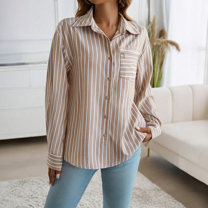 Autumn Winter Top Women Loose Button Cardigan Striped Long Sleeve Shirt