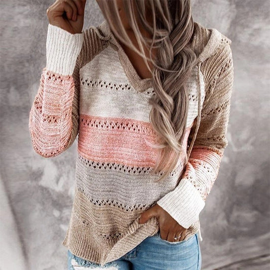 Plus Size Autumn Winter Women Clothing Long Sleeve Loose Hollow Out Cutout Contrast Color Knitted Sweater Hooded Sweater