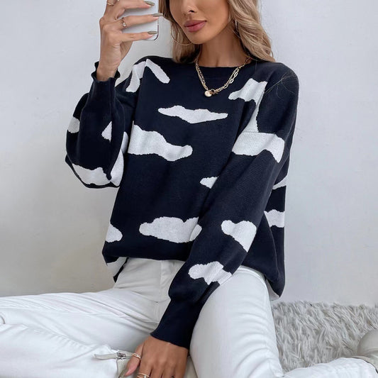 Women Long Sleeve round Neck Jacquard Cloud Sweater Sweater for Women