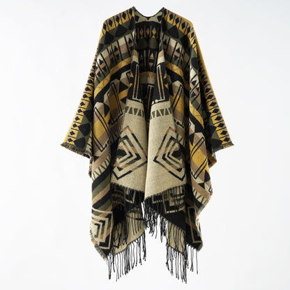 Retro Warm Shawl Nepal Ethnic Slit Scarf Cashmere Tassel Cape Autumn Winter Women