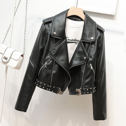 Waist Belt Rivet Heavy Industry Zipper Decorations Collared Women Faux Leather Coat Epaulet Leather Jacket Coat