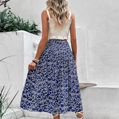 Summer Women Mid Length Blue Printed Skirt