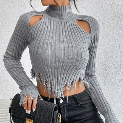 Knitted Sweaters Women Clothing Turtleneck Long Sleeve Distressed Sexy Cutout Short Cropped Exposed Design Sweater