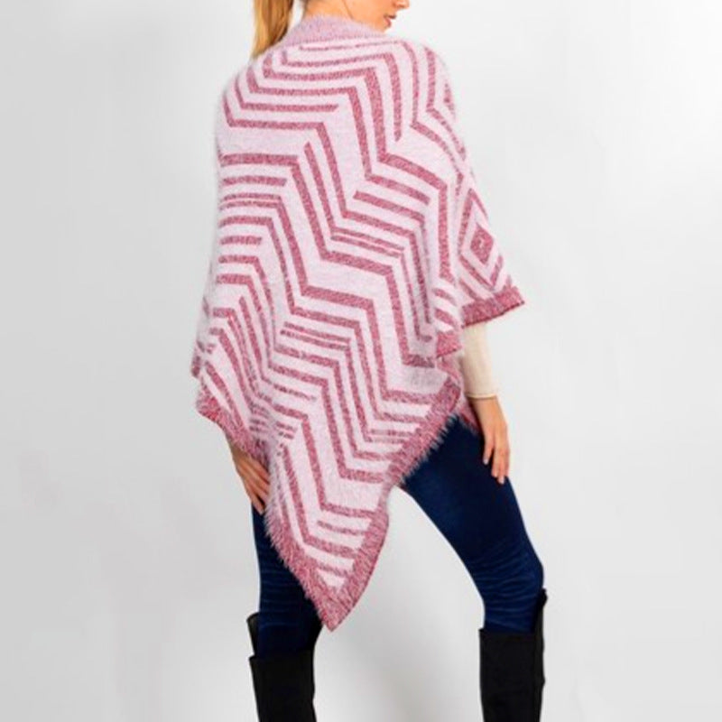 Women Knitting Sweater Striped Jacquard Irregular Asymmetric Shawl Cape Women