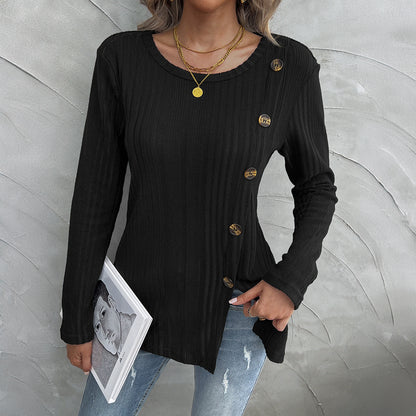 Autumn Winter Women Crew Neck Split Button Long Sleeved Top