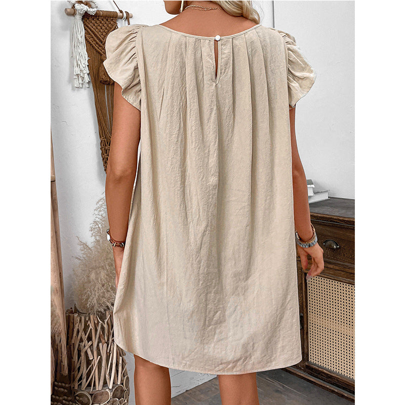 Round Neck Dress Solid Color Mid Dress Summer Ruffles Solid Color Round Neck Loose Mid Dress Women