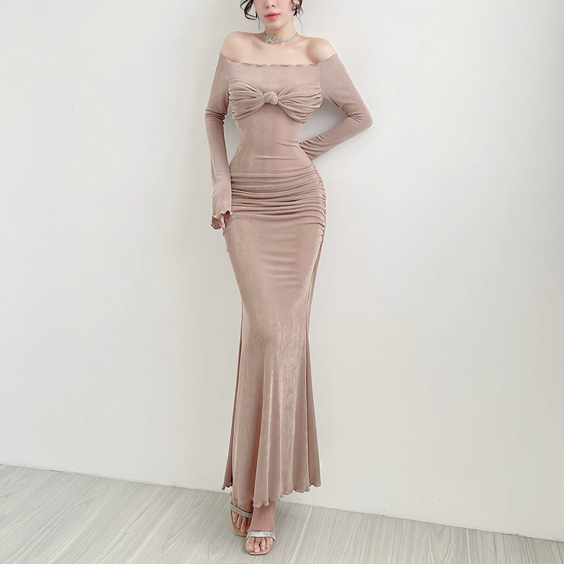 Fall Maxi Dress Elegant Sexy Slim Off Shoulder Chest Show Dress Women