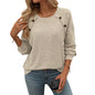 Women Round Neck Sunken Stripe Brushed Solid Color Top Long Sleeve Button Sweaters