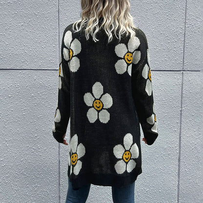 Autumn Winter Women Wear Floral Long Sleeve Sweater Cardigan Mid Length