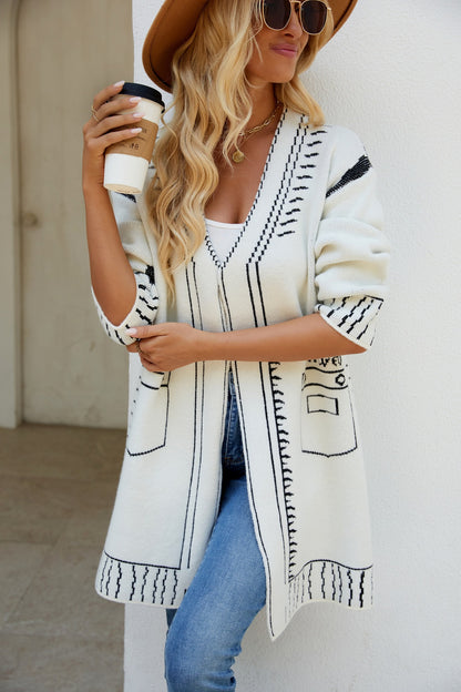 Long Sweater Coat Jacquard All Matching Lazy Knitted Loose Autumn Winter Knitted Cardigan Women