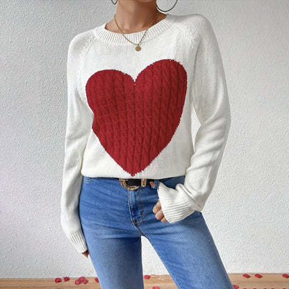 Women Sweater Autumn Winter Love Jacquard Pattern Pullover Loose Casual Sweater Women