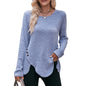 Women round-Neck Sunken Stripe Brushed Solid Color Top Long Sleeve Button T-shirt