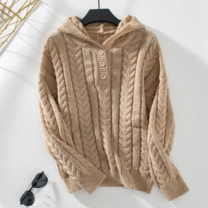 Hooded Pullover Thick Sweater Women Autumn Winter Retro Button Cable Knit Sweater Top Women