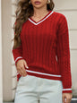 Spring Autumn Elegant V Neck Pullover White Edge Long Sleeve Sweater Women Twist Thread Knitted Top