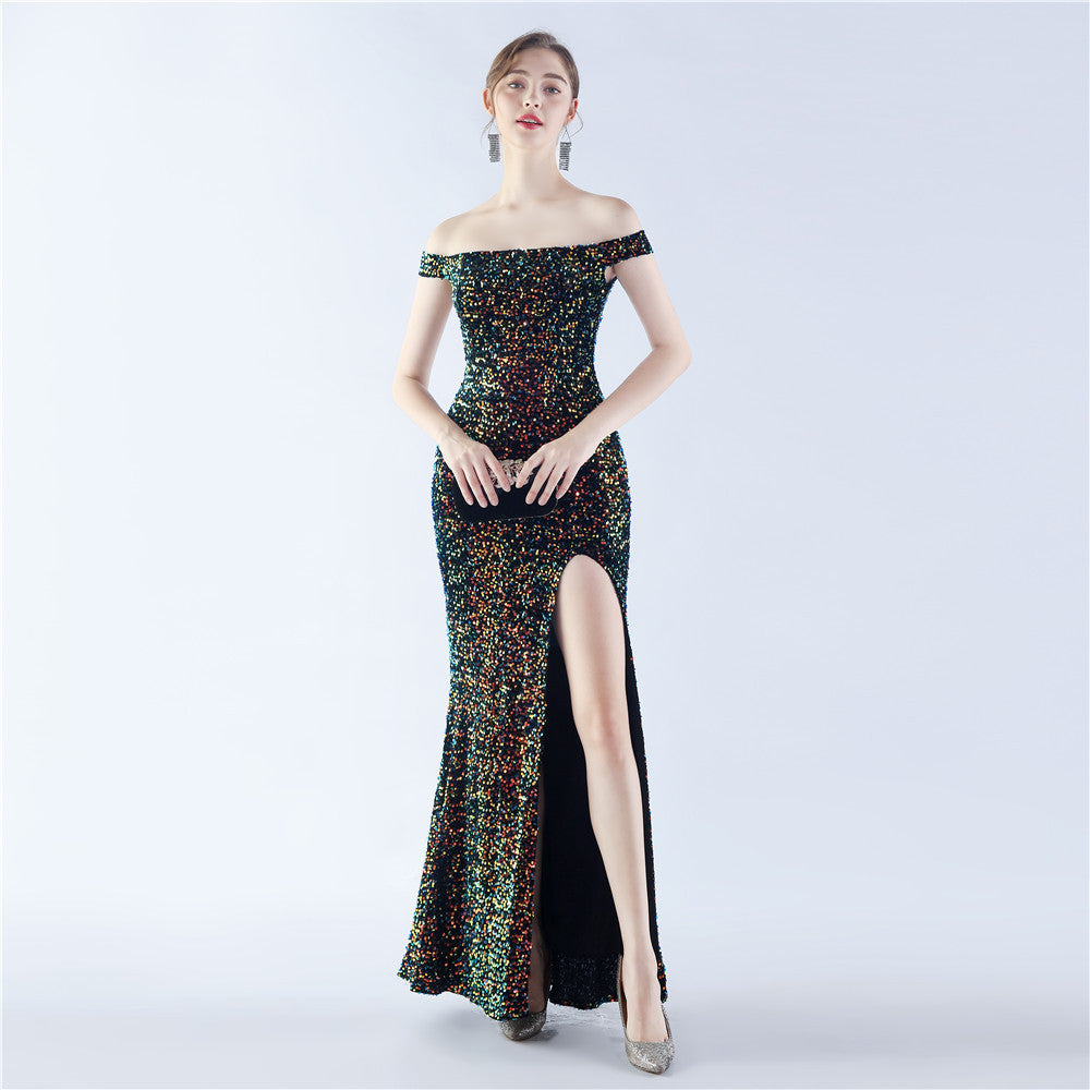 Velvet Bottom Handmade Sequin Cocktail Celebration Etiquette off Neck Evening Dress