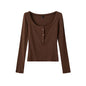 sexy Spring Scoop Solid Color Elastic Half-Open Buckle Tight Long-Sleeved T-shirt Bottoming Shirt