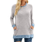 Women Clothing round Neck Multicolor Pocket Long Sleeve Pullover Top Loose-Fitting Casual T-shirt