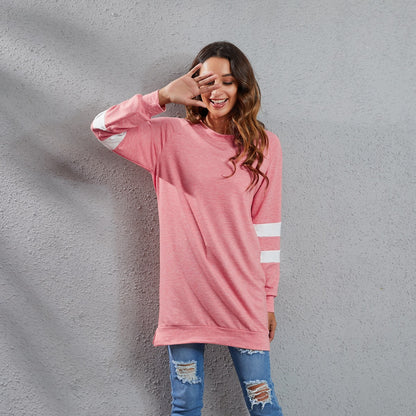 Spring Summer round Neck Contrast Color Stitching Long Sleeve Color Cotton Casual Loose Top Women