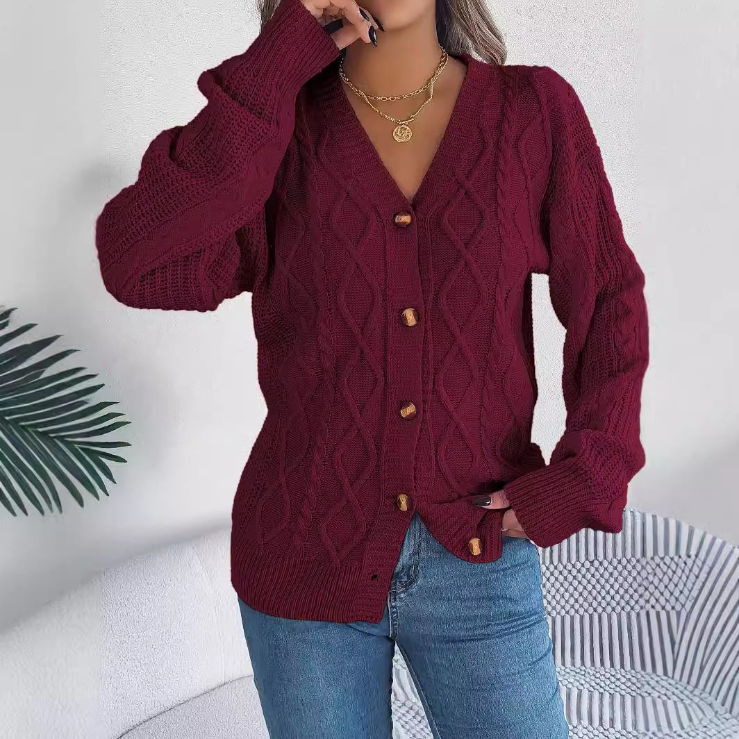 Autumn Winter Casual V Neck Lantern Sleeve Twist Button Knitted Cardigan Sweater Coat Women Clothing