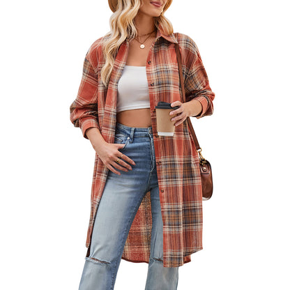 Women Autumn Winter Casual Loose Long Trench Coat Plaid Shirt