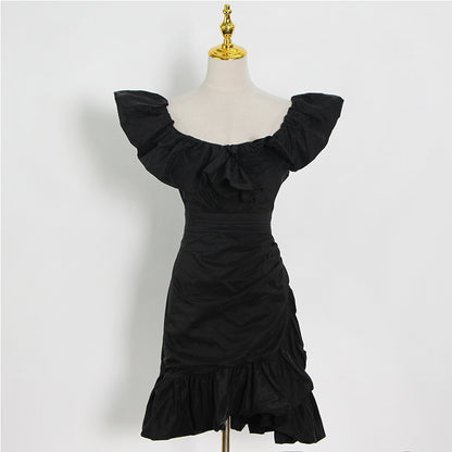 Lady Dress Short Autumn Ruffled Stitching Solid Color Slim Dress