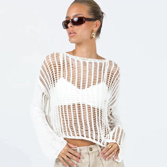 Long Sleeve Hollow Out Cutout Out Knitted Mesh Shirt Women Summer Thin Type Sunscreen Blouse Early Spring Top Outer Wear