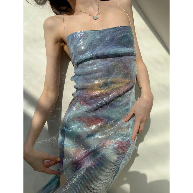 【MOQ-5 packs】 Sexy Vacation Summer Gray Bottom Floral Sequ Full Embroidery Mermaid Backless Slit High Waist Cami Dress