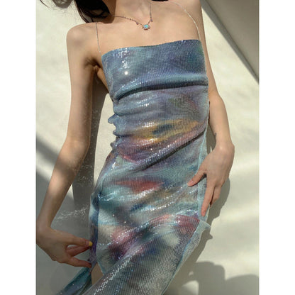 【MOQ-5 packs】 Sexy Vacation Summer Gray Bottom Floral Sequ Full Embroidery Mermaid Backless Slit High Waist Cami Dress