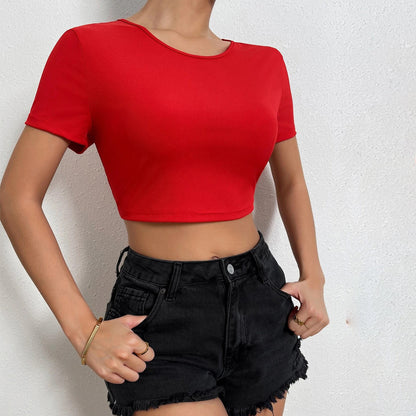 Summer Sexy Backless Ultra Short Exposed Cropped Short Sleeve T shirt Top Women