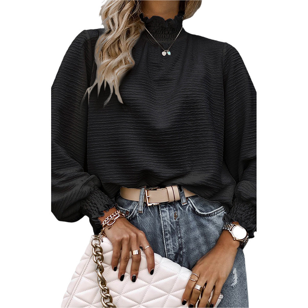 Women Pleated Neck Texture Long Sleeved Top Loose All Matching Simple Bottoming Shirt