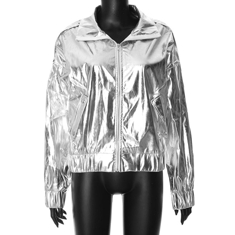 Women Clothing Spring Autumn Sexy Faux Leather Women Metallic Stand Collar Coat