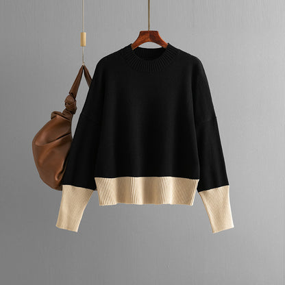 Autumn Winter Women Knitwear round Neck Loose Color Matching Top Sweater for Women