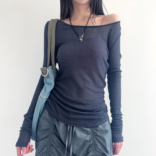 Sexy Solid Color Backless Knit Casual Top Autumn Basic Slim Fit Long Sleeve Round Neck T Shirt