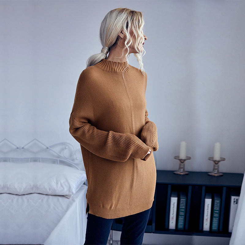 Loose Autumn Winter Women Solid Color Long Sleeve Mock Neck Sweater