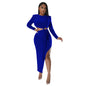 Women Clothing Autumn Round Neck Sexy Waist Cutout out Split Dress