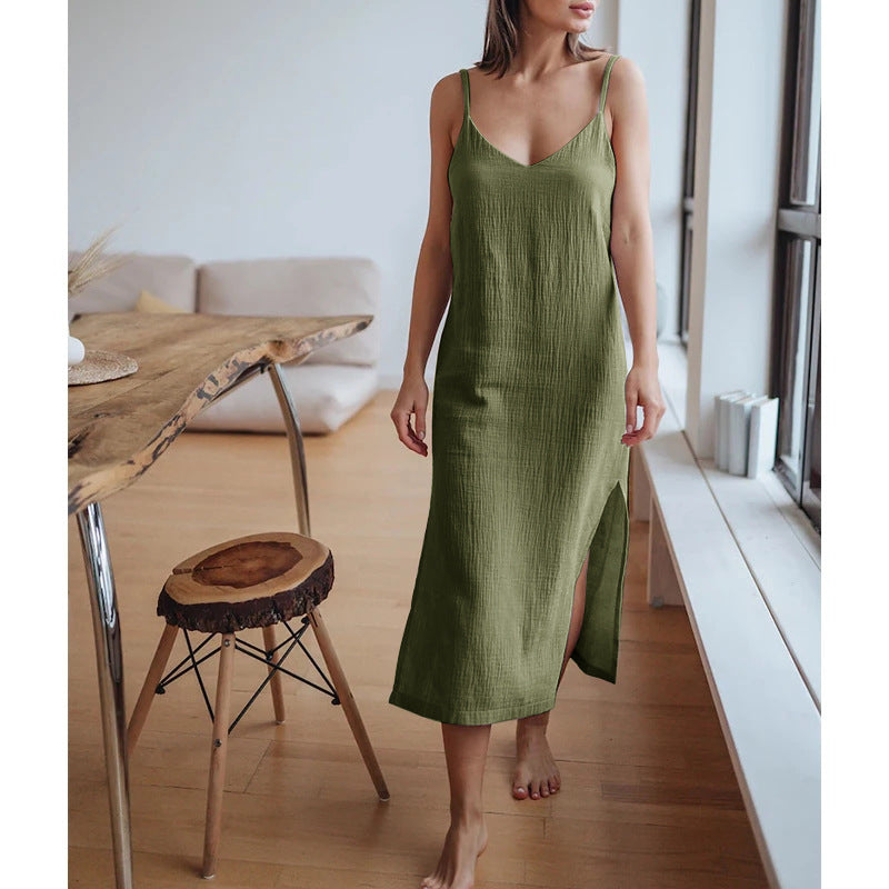 Spring Summer Women V Neck Strap Dress Cotton Double Layer Crepe Slit Hemline At Hem Midi Dress