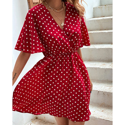 Popular V Collar Polka Dot Waist Tight Summer Dress Women