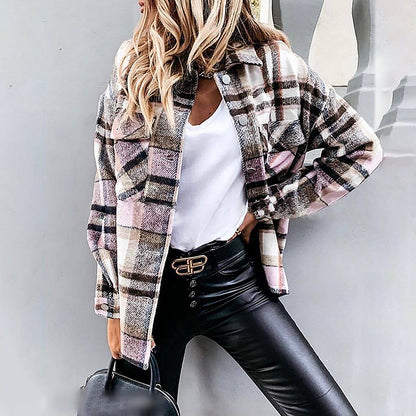 Autumn Winter Women Clothing Plaid Long-Sleeved  Single-Breasted Casual Outerwear Shacket Jacket Outerwear