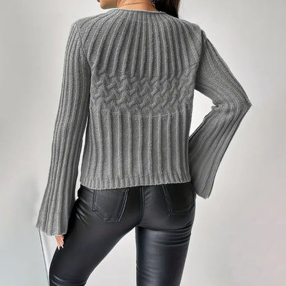 Women Clothing Sweater Pullover round Neck Flared Sleeves Top Twist Thread Solid Color Sweater