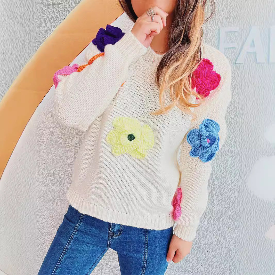 Autumn Winter Cute Sweet Tridimensional Hand Crochet Floral Candy Color Short Sweater Pullover