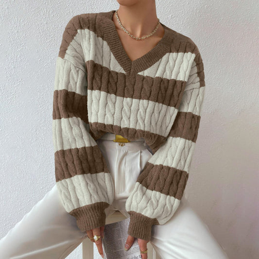 Autumn Winter Lazy Knitwear Loose Women V Neck Retro Contrast Color Striped Sweater