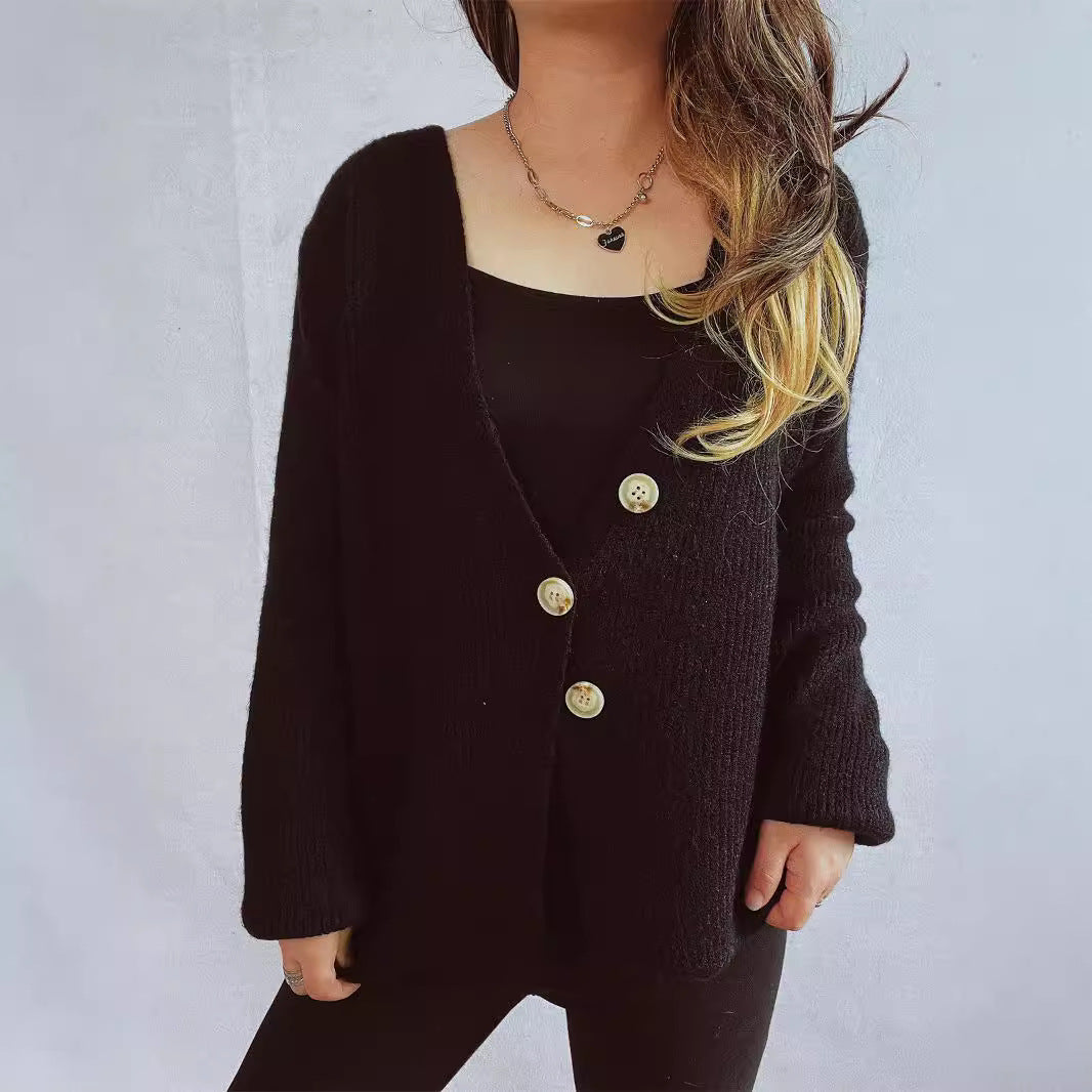 Solid Color V neck Slim Irregular Asymmetric Button Long Sleeve Knitted Cardigan Dinified Sweater Small Coat Jacket