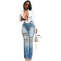 Women Wear Stretch Denim Fabric Slim Fit Ripped Washed Denim Trousers