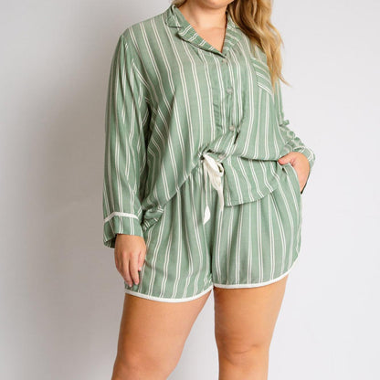 Two Piece Ladies Homewear Striped Pajamas Long Sleeve Shorts Set