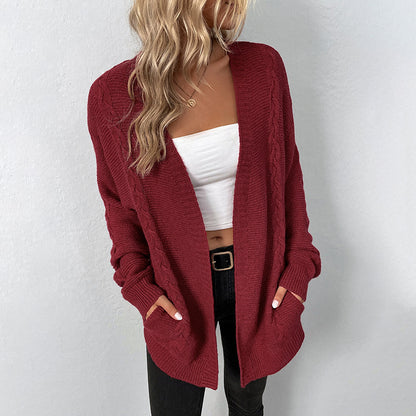 Solid Color Pocket Knitted Cardigan Autumn Winter Retro Twist Sweater Women Coat
