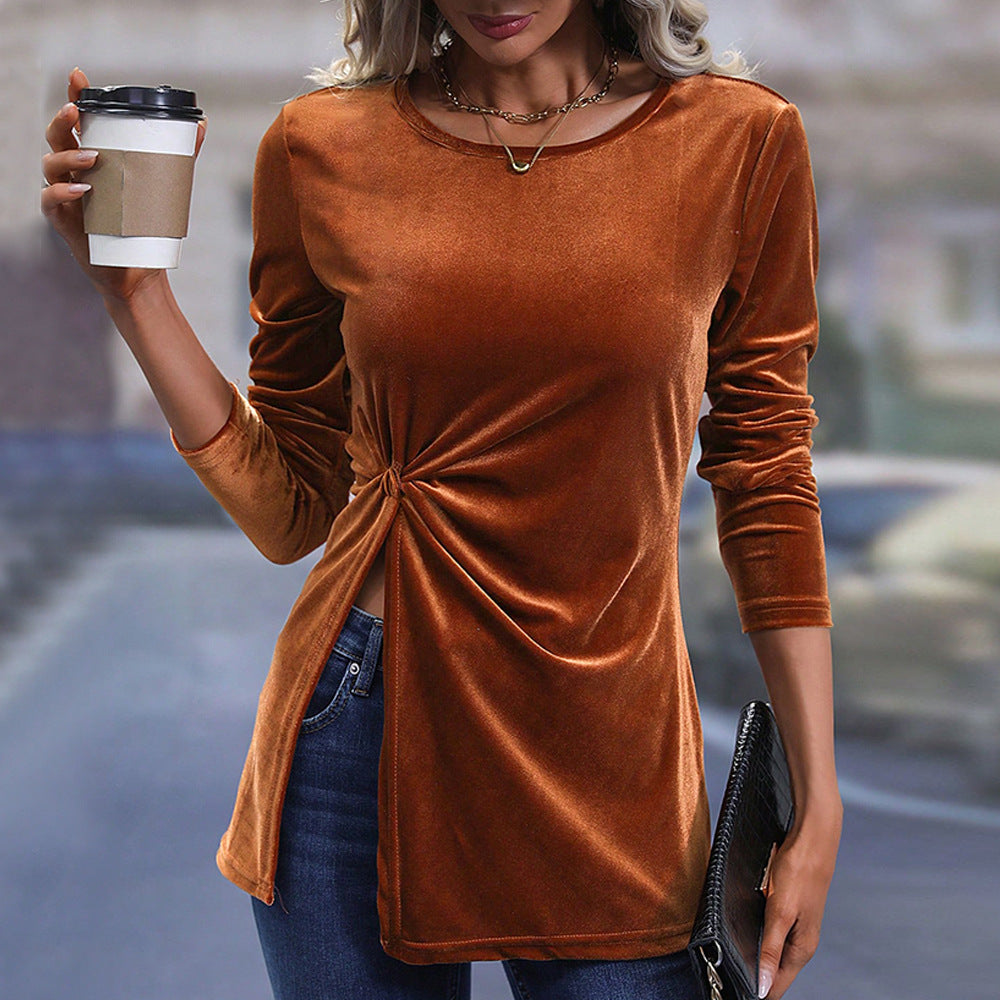 Early Spring Long Sleeve T shirt Irregular Asymmetric Slit Chic Short Top Thin Type Sunscreen Blouse Air Conditioning Shirt