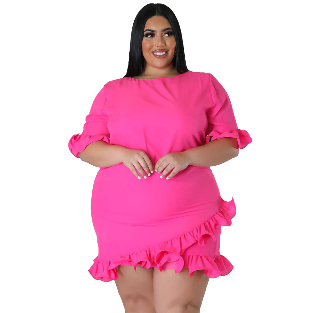 Plus Size Women Clothes Slim round Neck Solid Color Ruffles Casual Dress