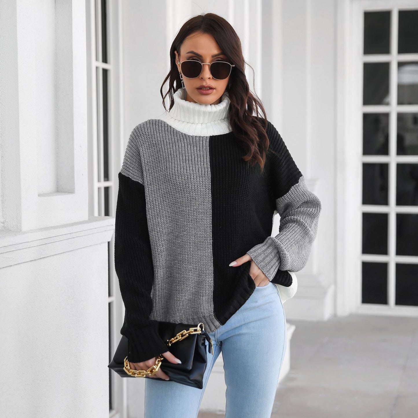 Matching Color Contrast Turtleneck Drop-Shoulder Long Sleeve Knitted Sweater Loose Women Clothing