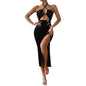 Women Strap Halter Slit Slim Fitting Sequ Dress